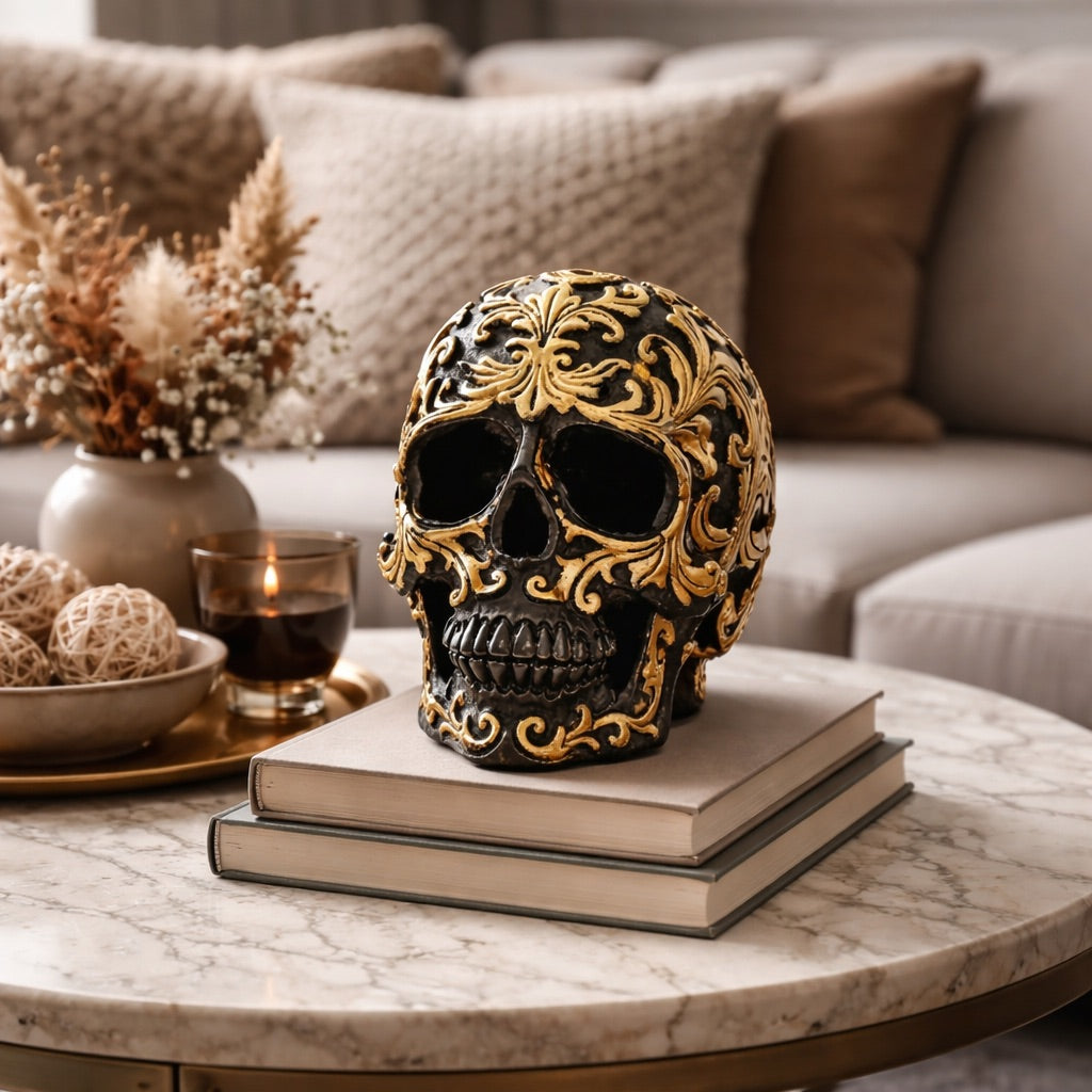 Statue Tête de Mort Noire et Dorée