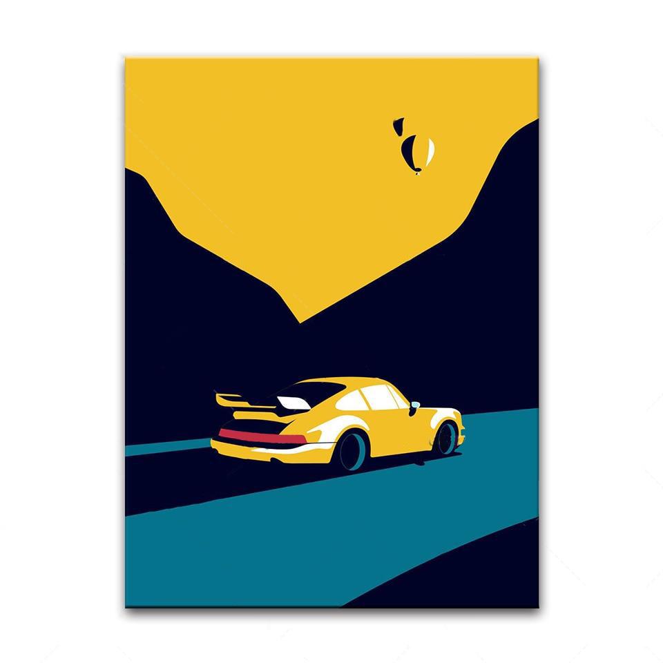 Tableau Porsche Vintage Bleu Jaune